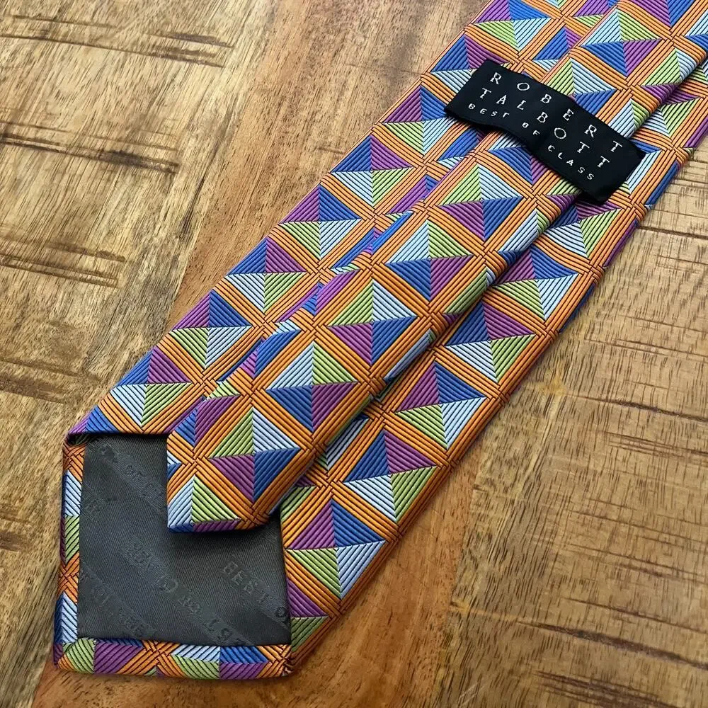 Robert Talbott Best Of Class 100% Silk Tie Geometric Squares Orange USA 60x3 5/8